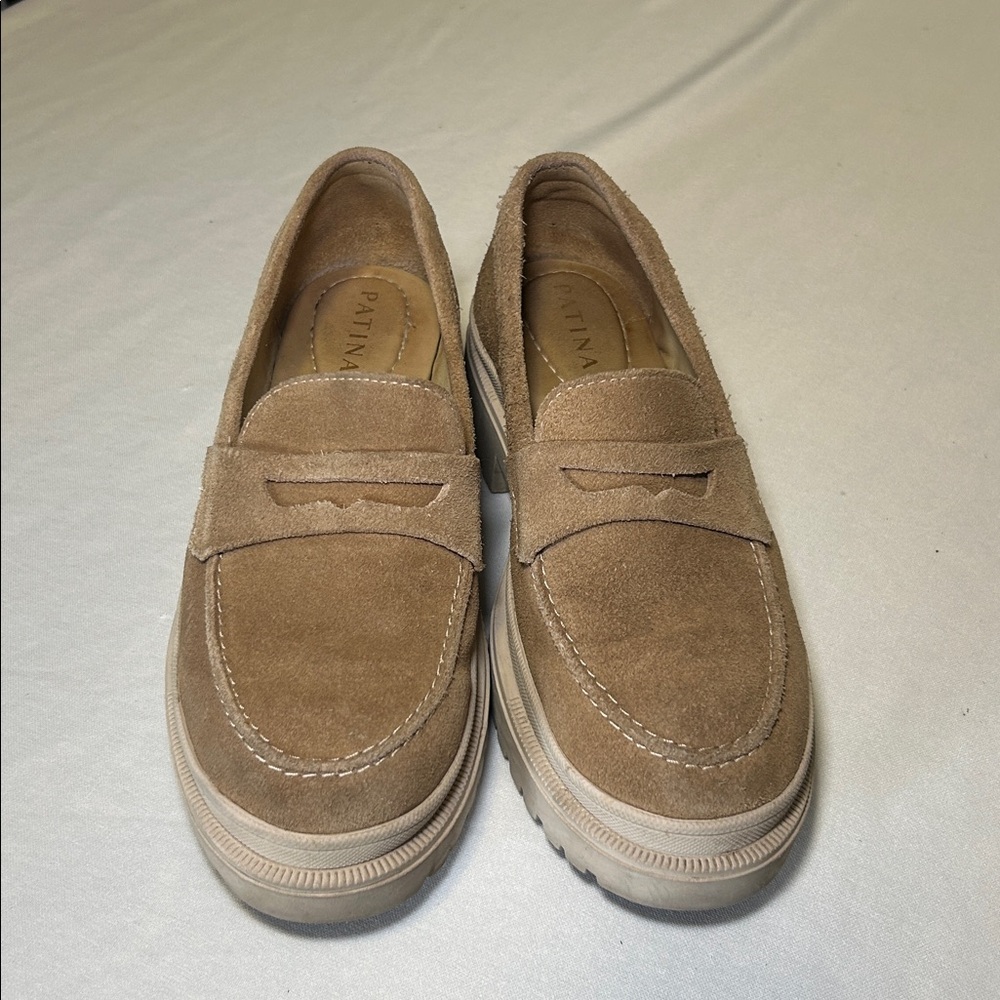 Patina Zoe Suede Slip On Platform Loafers Chunky Tan Round Toe Size 8.5 - Picture 10 of 16